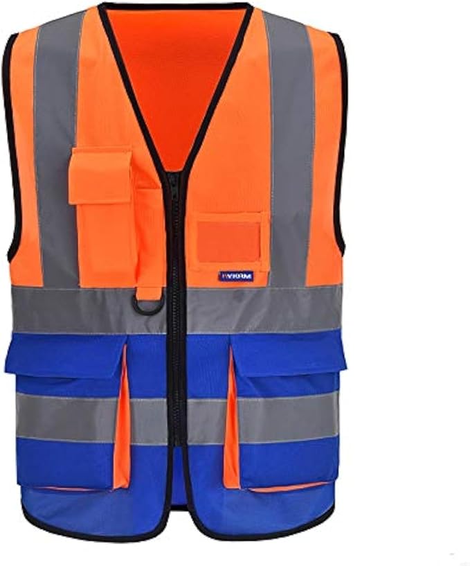A-SAFETY Industrial Safety Vest, Hi Vis 9 Pockets High Visibility Zipper Front Reflective Safety Vest, Orange&Blue Color Mixed, XL