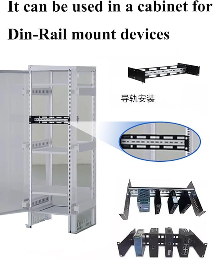 2U 19 inch Din Rail Chassis Bracket Depth Adjustable Rackmount Kit Aluminum Rack Mount Rack Rails for 35mm Din-Rail Mounted Device Ethernet Switch Media Converter Shelf