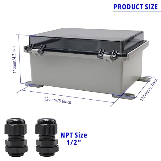 MAKERELE Small Waterproof Electrical Junction Box Clear ABS Plastic Dustproof Boxes Hinged Shell Outdoor Universal Project Enclosure with Clear Cover 8.6×6.7×4.3 inch (220×170×110mm)