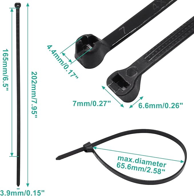 150pcs Push Mount Zip Ties 8 inch, Self Locking Straps Cable Zip Tie with Stainless Steel Metal Tooth Locking Device Heavy Duty Nylon Zip Tie Clips (8", Black)