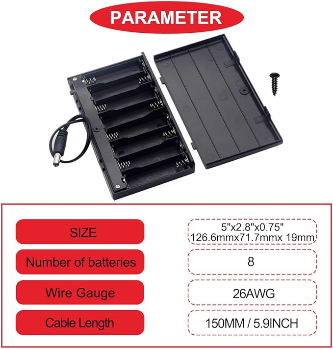 2Pcs 8 AA 12V Battery Holder with Cover (Batteries are Not Included), with 2.1mm x 5.5mm DC Plug Switch,ON/Off Switch, Screw,Female DC Power Pigtail Cable Plug,for Arduino RC LED Strip
