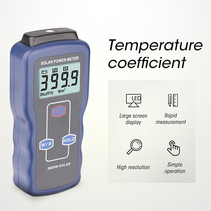 Solar Power Meter Digital Handheld Irradiance Tester for Sunlight Radiation PV Solar Panel Installation Photovoltaic Testing