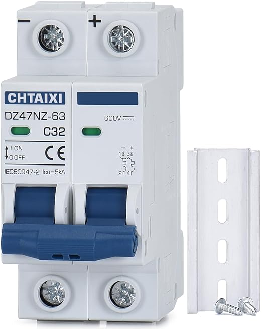 DC Miniature Circuit Breaker, 2 Pole 600V 32 Amp Isolator for Solar PV System, Thermal Magnetic Trip, DIN Rail Mount DC Disconnect Switch C32