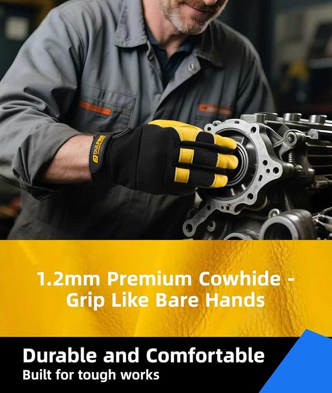 DULFINE Cow Leather Palm Mechanic Work Gloves for Men & Women,Flexible Breathable Fit-Padded Knuckles,Ideal for Construction Yardworks DIY