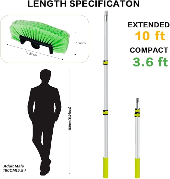 10FT Car Wash Brush with Long Handle, Car Cleaning Kit with Telescoping Pole and Soft Bristles Brush, Detailing Brushes, Tire Brush, Car Wash Sponge & Towel for RV, SUV, Trucks, Floors, House Siding
