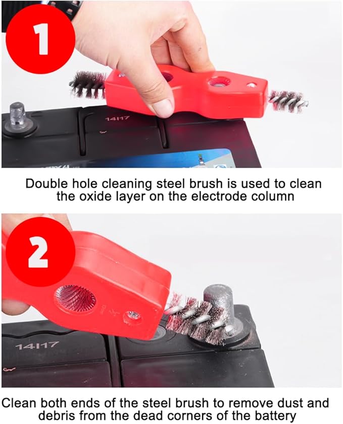 BELOMI 2PCS Car Battery Terminal Cleaning Brush, 4 in 1 Rustproof Battery Cleaner Tool with Steel Wire, Auto Universal Interior and Exterior Battery Terminals Machine Parts（Red）