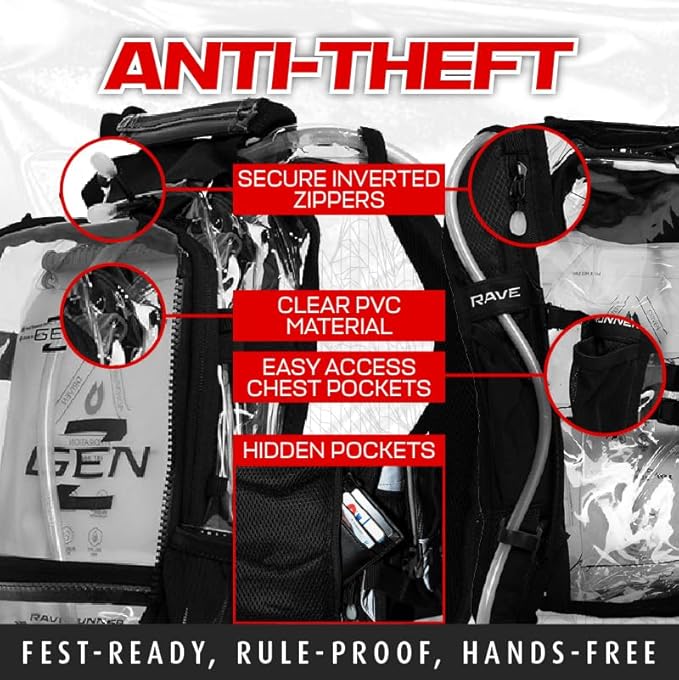 RAVERUNNER® Anti-Theft Hydration Backpack | Festival Approved Rave Backpack for Concert Goers, Leak-Free Festival Water Backpack for EDC, Rave Hydration Pack