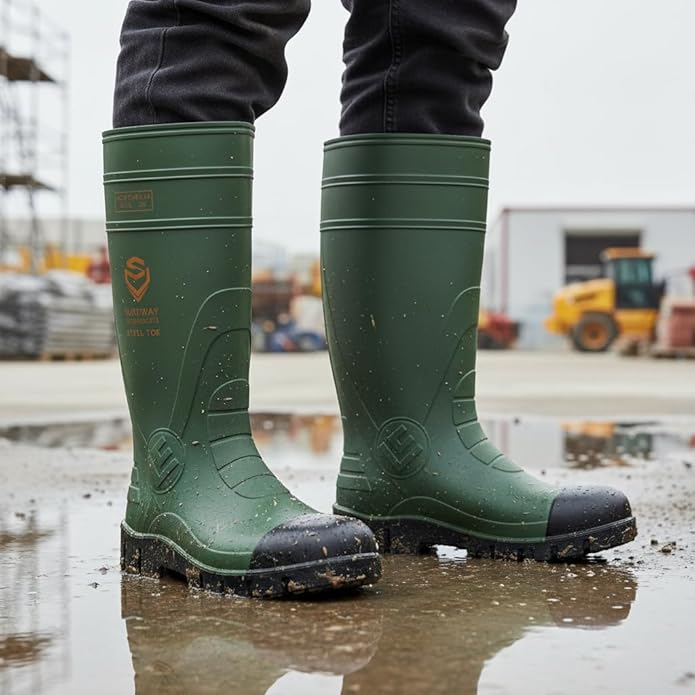 SUREWAY Steel Toe Rain Boots for Men, Knee High Waterproof Work Boots with Slip & Oil Resistant Outsole for Industrial, Construction, Agriculture