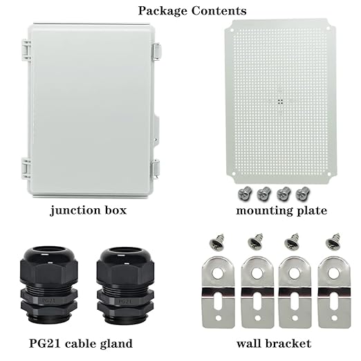 Zulkit Junction Box,IP67 Waterproof Electrical Box Hinged Cover Stainless Steel Buckle Plastic Enclosure for Project w Mounting Plate Wall Bracket and 2 Cable Gland Grey 13.8"x9.8"x5.9"/350x250x150mm