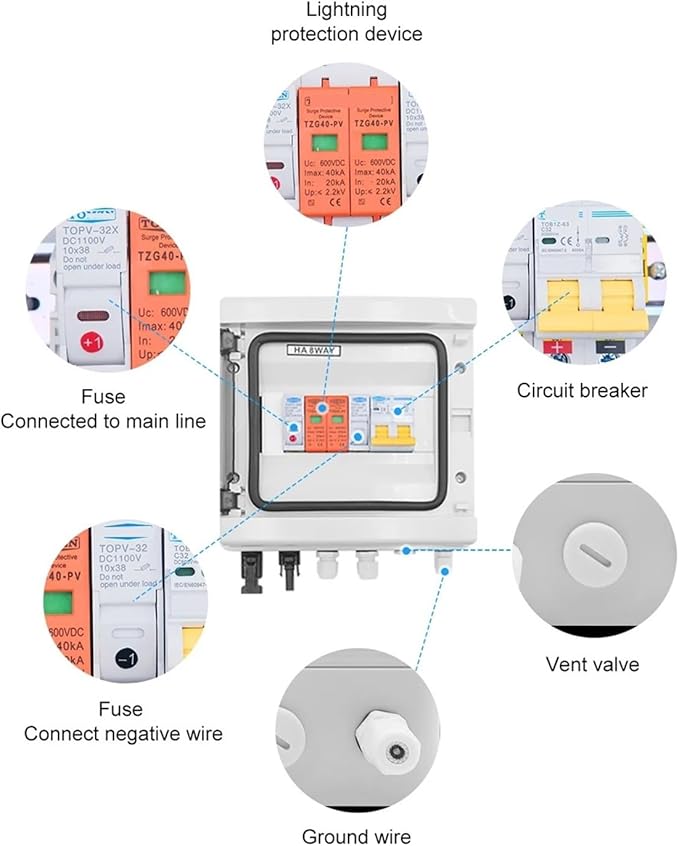 CAARLA Solar Combiner Box TOMZN PV Combiner Box with Solar photovoltaic 1 Input 1 Out DC 600V Fuse MCB SPD Box IP65(63A DC MCB)