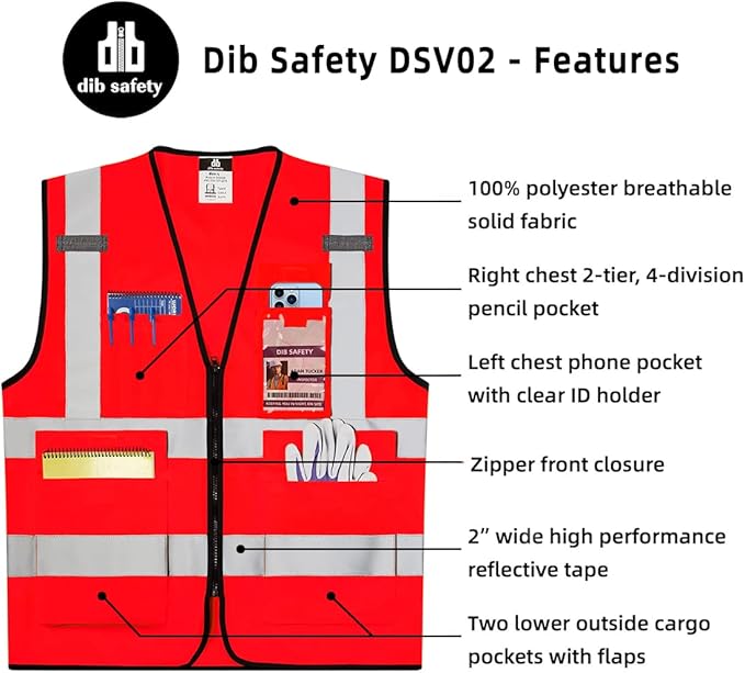 Dib Safety Reflective Vest ANSI Class 2, High Visibility Vest with Pockets and Zipper, Construction Work, Hi Vis