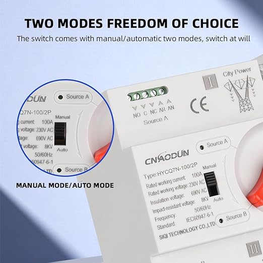 Automatic Transfer Switch ATS 2P 100A 230V Dual Power Electrical Selector Switch Din Rail Type Millisecond Switching