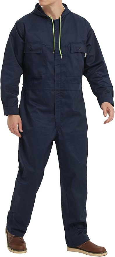 Mens Cotton Blend Long Sleeve Coverall Multi Pockets Zip Overall Mechanic Work Jumpsuit with Hood