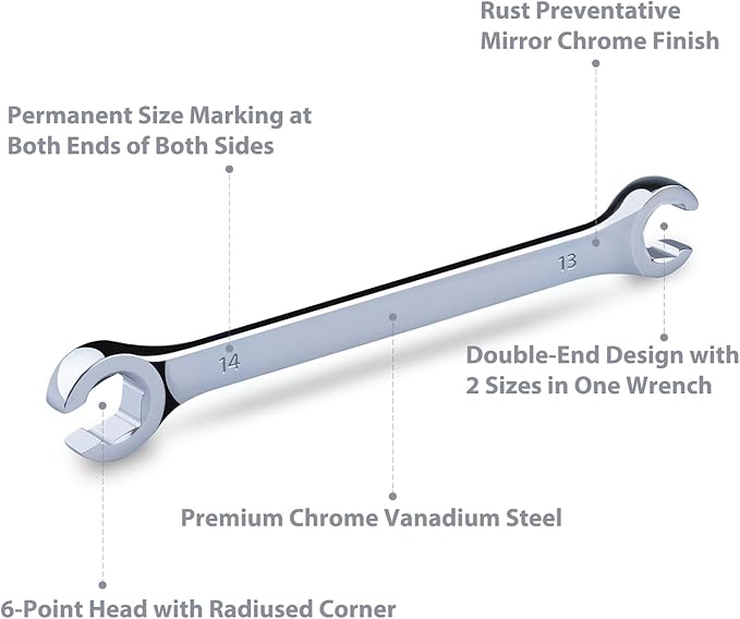 10-Piece Complete Metric and SAE Flare Nut Wrench Set with Pouch | Metric 9mm - 21mm, Inch 1/4” - 7/8” | Cr-V Steel, 6-Point Double-End Design, Perfect Line Wrench for Fuel, Brake and Air Conditioning