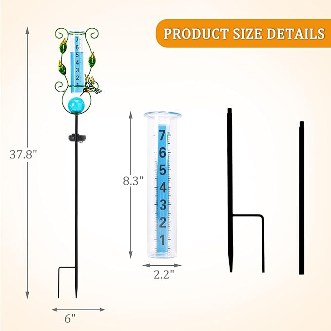 WONDER GARDEN Solar Rain Gauge Outdoor, Hummingbird Decorative Rain Gauges Outdoors Best Rated with Blue Crackled Glass Ball, Freeze Proof Water Rain Measure Gauge for Yard Patio Lawn Decor
