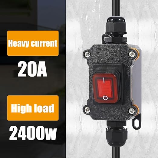 Waterproof Inline Cord Switch,DPST AC 20A-125V,16A-250V On Off Toggle Switch with Red Light Rocker Button Switch,Outdoor Start Stop Switch,Two Side Entry and Exit Line