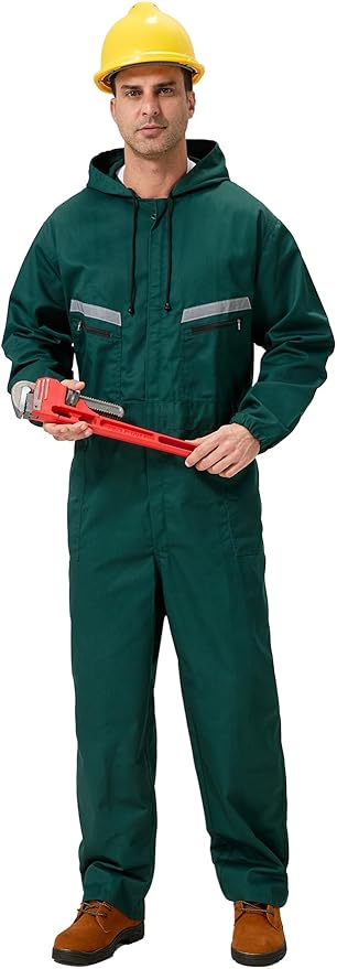 Mens Work Coveralls Mechanic Hooded Overall Workwear Jumpsuits Long Sleeve Hi Viz Coverall with Zippers