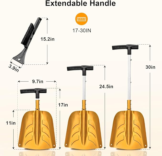 Snow Shovel with Ice Scraper & Brush, 17-30'' Extendable with Lightweight Aluminum Handle, 3-in-1 Folding Collapsible Winter Shovel Snow Removal for Camping Car Emergency Outdoors Home Yellow