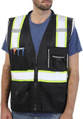 Dib Safety Reflective Vest Black Mesh, High Visibility Vest with Pockets and Zipper, Heavy Duty, Made with 3M Reflective Tape, XL