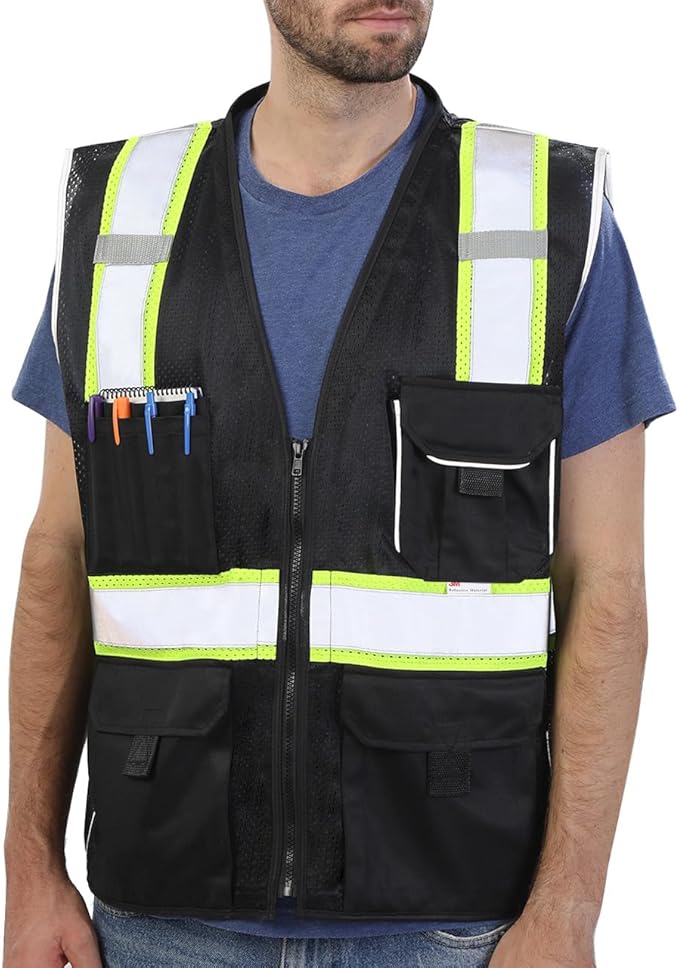 Dib Safety Reflective Vest Black Mesh, High Visibility Vest with Pockets and Zipper, Heavy Duty, Made with 3M Reflective Tape, L