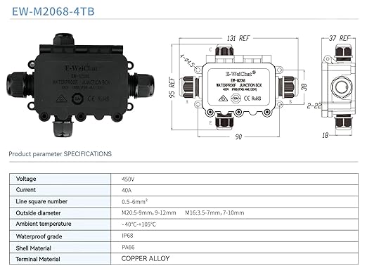 Black PA66 Nylon IP68 4 Way B Waterproof Junction Box, Includes 4 Sets of Waterproof Rubber Plugs, Suitable for Indoor & Outdoor Lighting Fixtures