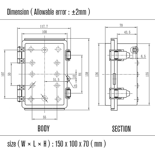 LeMotech Electrical Box, IP67 Waterproof Hinged Cover Stainless Steel Latch Junction Box, ABS Plastic Electrical Enclosure with Mounting Plate,Wall Brackets, Cable Glands,5.9"x3.9"x2.8",Grey