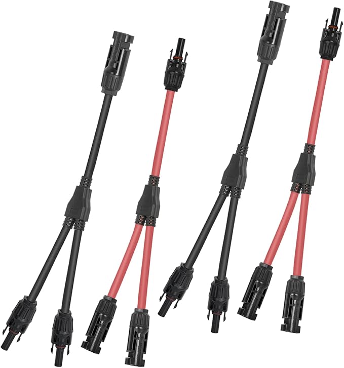 2 Pairs of 2 to 1 Solar Panel Connectors Y Branch Universal 10 AWG Solar Connectors (Red & Black)