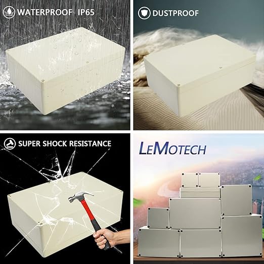 LeMotech Waterproof Dustproof IP65 ABS Plastic Junction Box Universal Electric Project Enclosure Pale Gray 10.4 x 7.2 x 3.7 inch (263 x 182 x 95 mm)