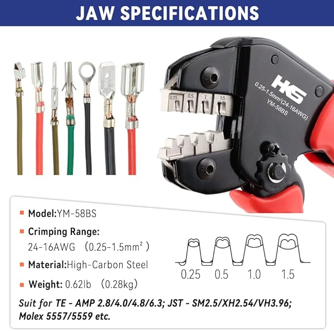 HKS Open Barrel Crimping Tool with 720PCS JST-XH Connectors Kit - 24-16 AWG (0.25-1.5mm²) Labor-saving Crimper for AMP-TE 2.8/4.0/4.8/6.3 JST-SM2.54/XH2.54/VH3.96 & Molex (YM-58BS)