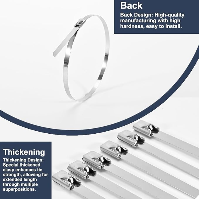 100-Pack Metal Zip Ties 11.8 inch, Heavy Duty 304 Stainless Steel Self-Locking Cable Ties for Outdoor Use, Multifunctional Cable Ties for Exhaust Wrap, Chain Link Fence Parts, Farms, Pipes