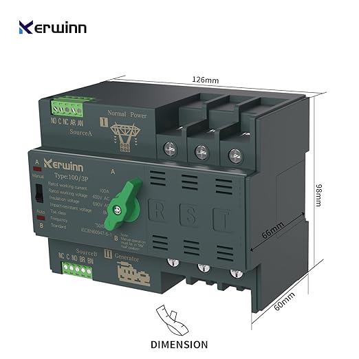 Mini ATS Automatic Transfer Switch 100 amp Manual Transfer Switch Power Transfer Switch 220V Dual Power Electrical Selector Switches DIN Rail Mount（3P）