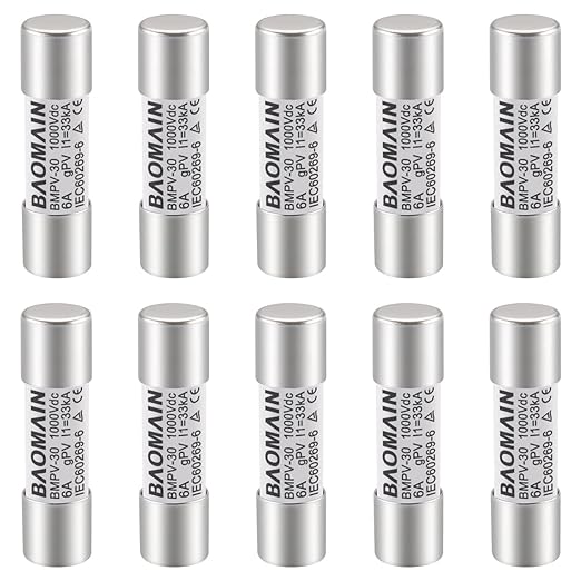 Baomain 10-Pack gPV Solar PV Fuse 6A 1000V DC, 10x38mm, 33kA Breaking Capacity, CE Listed for Photovoltaic Systems, Combiner Boxes (6 Amp.)