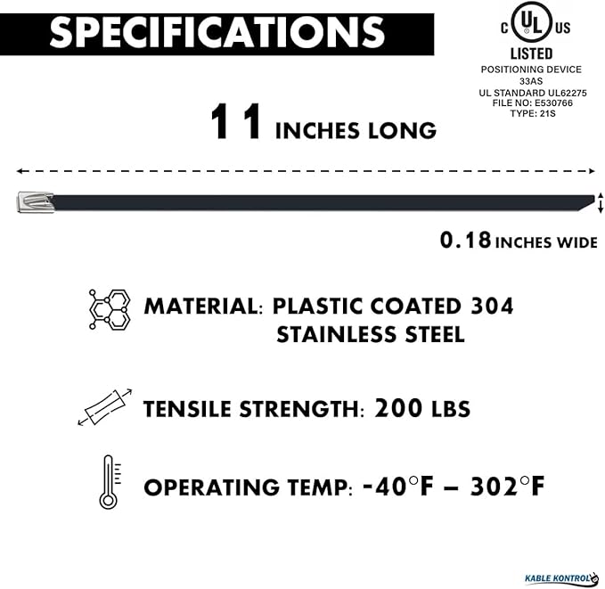 Kable Kontrol Black Metal Zip Ties Bulk Pack - 11" Inch Long 3000 Pcs, 200 Lbs Tensile Strength, Polyester Coated 304 Stainless Steel Cable Ties UV & Chemical Resistance, for Indoor & Outdoor Use