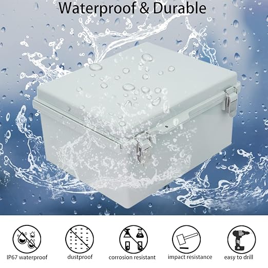 Junction Box, Hinged Cover Stainless Steel Latch IP67 Waterproof ABS Project Box with 2 Cable Glands, Electrical Box Enclosure with Mounting Plate & Wall Bracket 11.8 x 11.8 x 7.1inch