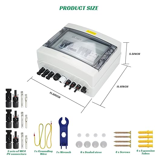 3 in 1 Out Solar Combiner Box,PV Combiner Box with 20A PV Fuse,DC 63A Circuit Breaker and Surge Protector,IP65 Solar Disconnect Switch Box for Indoor Outdoor Solar Panel System (3 in 1 Out 20A 1000V)