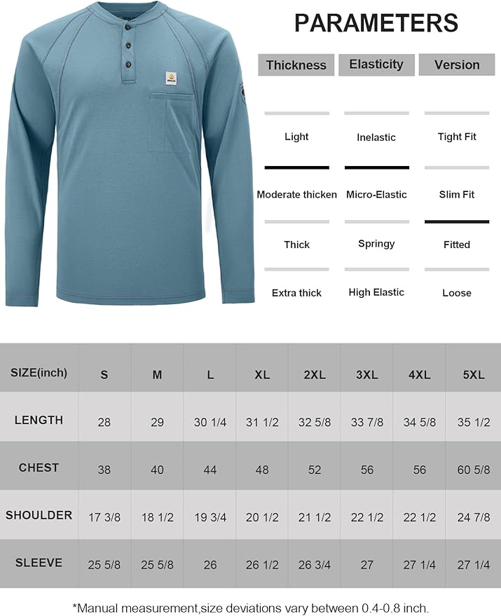 FR Shirts for Men Light Weight Flame Resistant Henley Shirts Long Sleeve Shirts HRC2/CAT2 6.5oz 100% Cotton