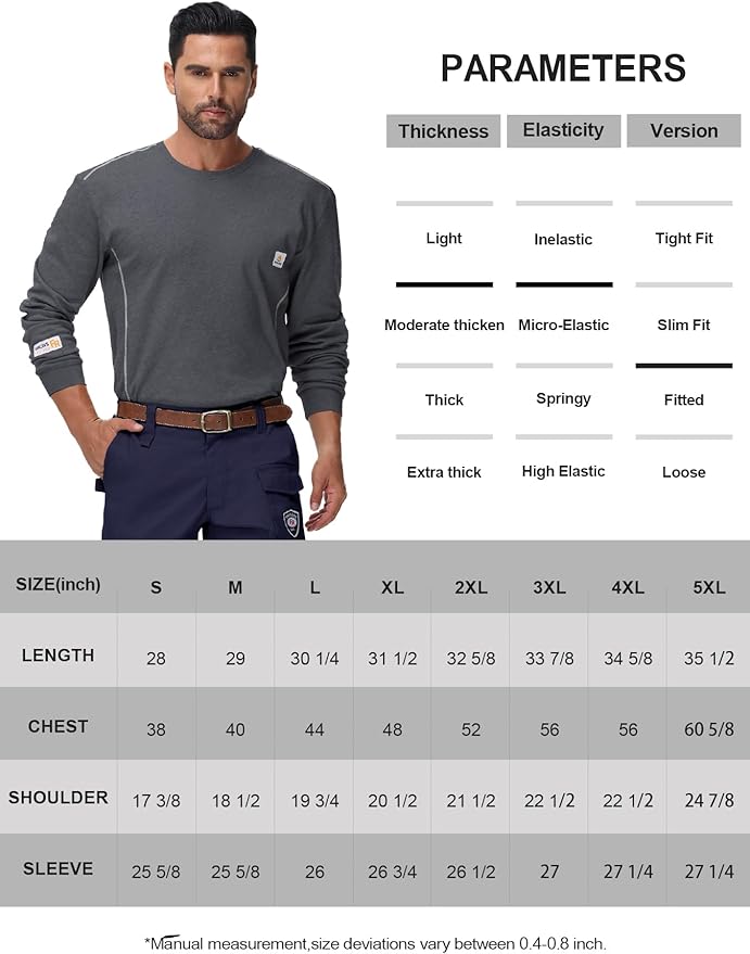 FR Shirts for Men CAT2/HRC2 6.5oz Lightweight Fire Resistant Shirts for Men Long Sleeve Crewneck T-Shirt