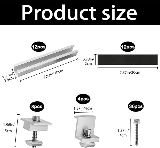 Solar Panel Bracket Kit, 12 Pcs Aluminium Mounting Rail 200mm, Solar Panel Mount 30mm/35mm, Z-Bracket Set, Center Clamps, Solar Mounting Rail Connector for Metal Roof, Tin Roof, Flat Roof, Sheet Roof