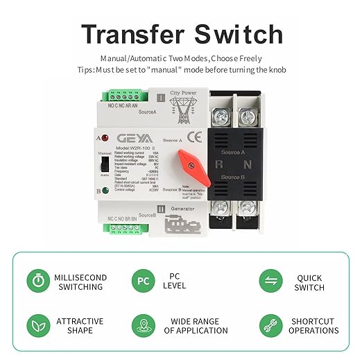 GEYA Mini ATS Automatic Transfer Switch Electrical Selector Switches Dual Power Switch 3Pole 63A 110V 50/60Hz Grid to AC Generator (Black)