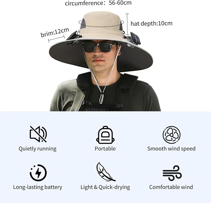 Wide-Brimmed Solar Fan Outdoor Fishing Hat, Solar and USB Charging, Long Battery Life Fan Hat, Waterproof Sun Hat Upf50+