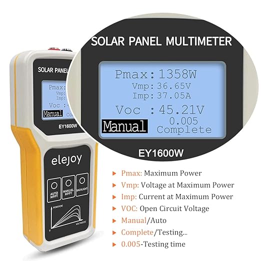Elejoy 1600W Solar Panel Tester MPPT Photovoltaic Panel Multimeter Upgraded EY-1600W with Ultra Clear LCD Display, Smart MPPT Tools for Testing Solar PV Panel Data and Troubleshooting (EY-1600W)
