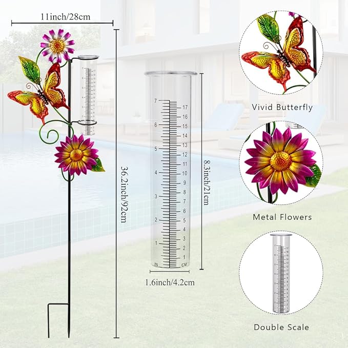 Rain Gauge Outdoor, Butterfly Rain Gauge, Decorative Rain Measure Gauge with Metal Stake, 7" Tube Rain Measure Tool for Yard