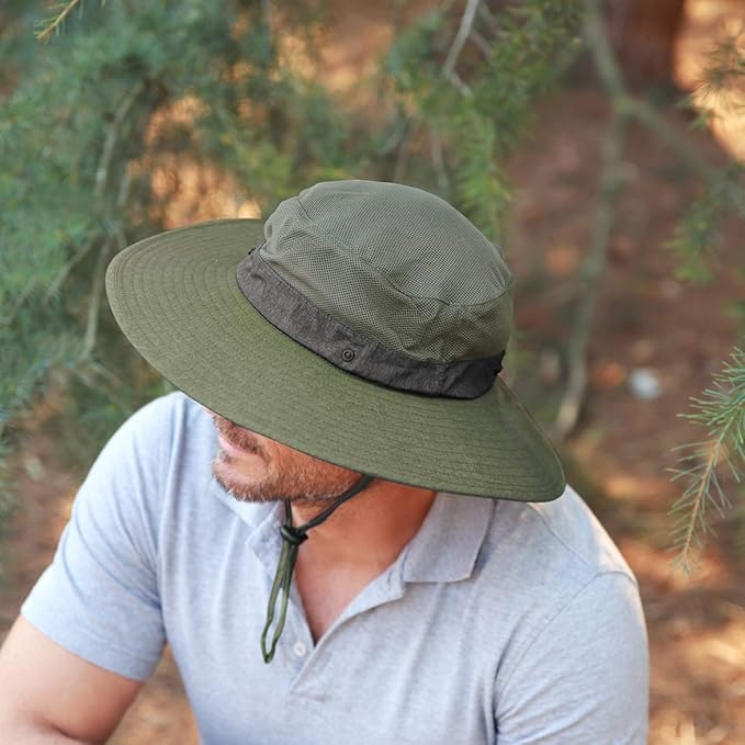 Men Safari Sun Hat Wide Brim Boonie Fishing Cap with Adjustable Drawstring