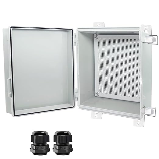 Junction Box, Hinged Cover Stainless Steel Latch IP67 Waterproof ABS Project Box with 2 Cable Glands, Electrical Box Enclosure with Mounting Plate & Wall Bracket 11.8 x 11.8 x 7.1inch
