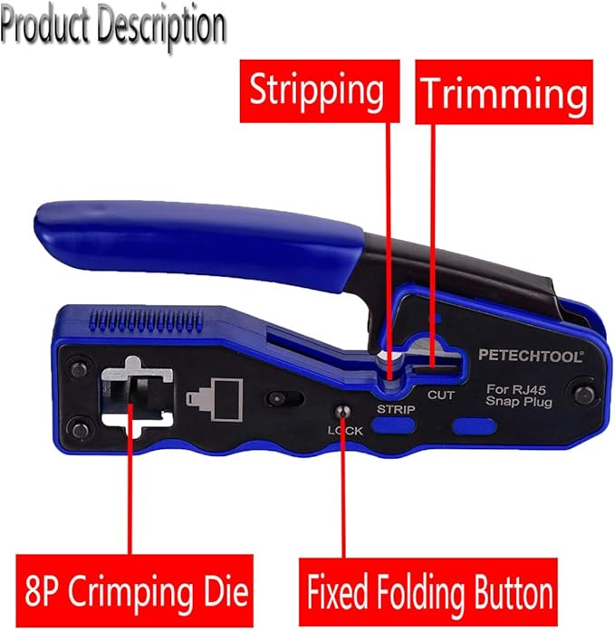RJ45 Crimp Tool Kit Ethernet Crimping Tool Wire Crimper Stripper Cutter for Cat5e Cat6 Cat6a Pass Thrugh Connectors with 10 pieces Cat6 Connectors and 1 piece mini wire stripper