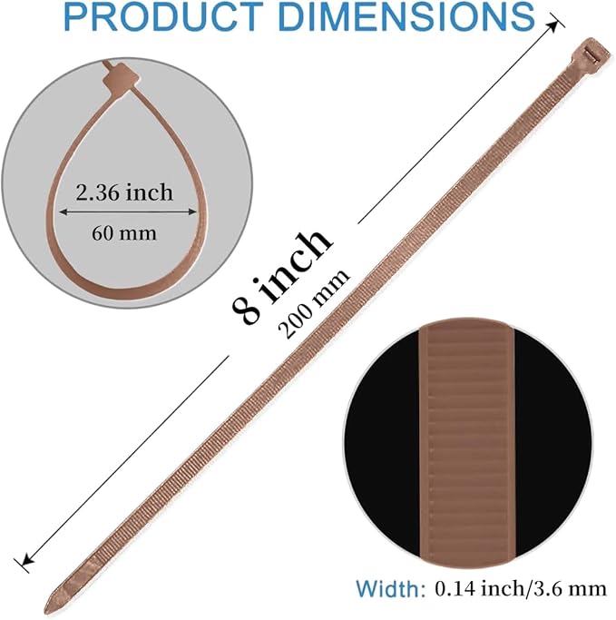 8 inch Zip Ties-0.14" Width, 25 PCS Wire Ties with 40lbs Strength, Self-Locking Nylon Cable Ties, UV Resistant, High/Low Temperature Resistant, for Home, Office, Fencing, and Gardening-Brown