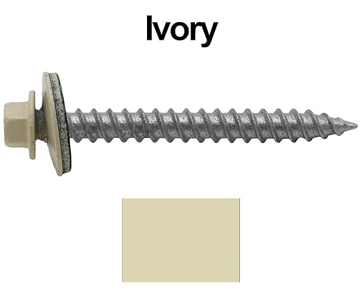 12 x 2 Ivory Metal Roofing Screws - Hex Washer Head- Self-Starting/Tapping - EPDM Washer. 4 X 250 Bags - 1,000 Screws