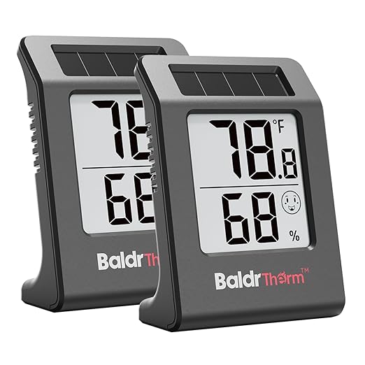2.2'' Digital Thermometer and Hygrometer Meter, Solar-Powered Indoor Temperature Sensor Humidity Monitor, Humidity Gauge for Baby Rooms, Bedrooms, Home, Office, and Wine Cellars, Black, 2Pack
