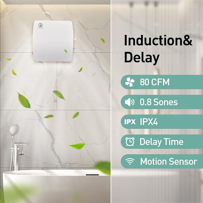 Bathroom Exhaust Automatic Fan for Wall and WIndow,Super Quiet 4 In Bathroom Motion Sensor and Delay Time Exhaust Fan with O Ring White 80 CFM Vent Fan