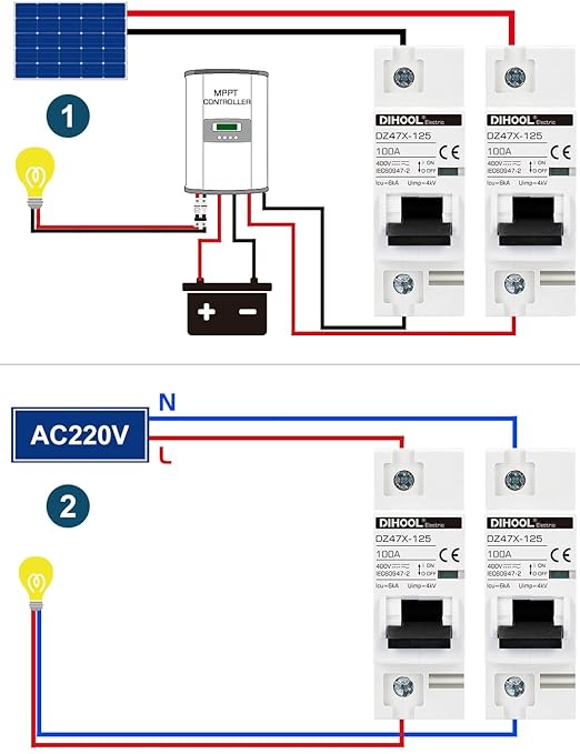 DIHOOL AC/DC Miniature Circuit Breaker, Single Pole 100 Amp, 12V 24V 48V 400V, Non Polarized, Solar Disconnect Switch, DIN Rail Mount, RV Battery Isolator, PV Array MCB, Thermal Magnetic Trip